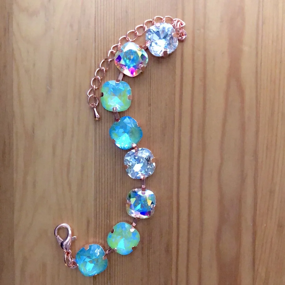 Aquamarine + Peridot AB Cushion Rose Gold Crystal Tennis Bracelet - Picture 3 of 11